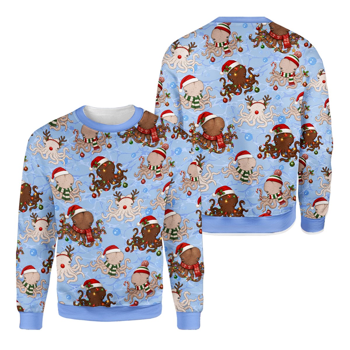 Close up front view of the festive octopus sweater design