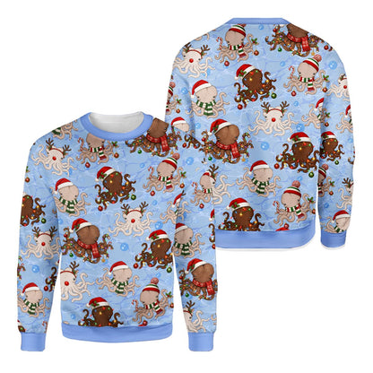 Close up front view of the festive octopus sweater design