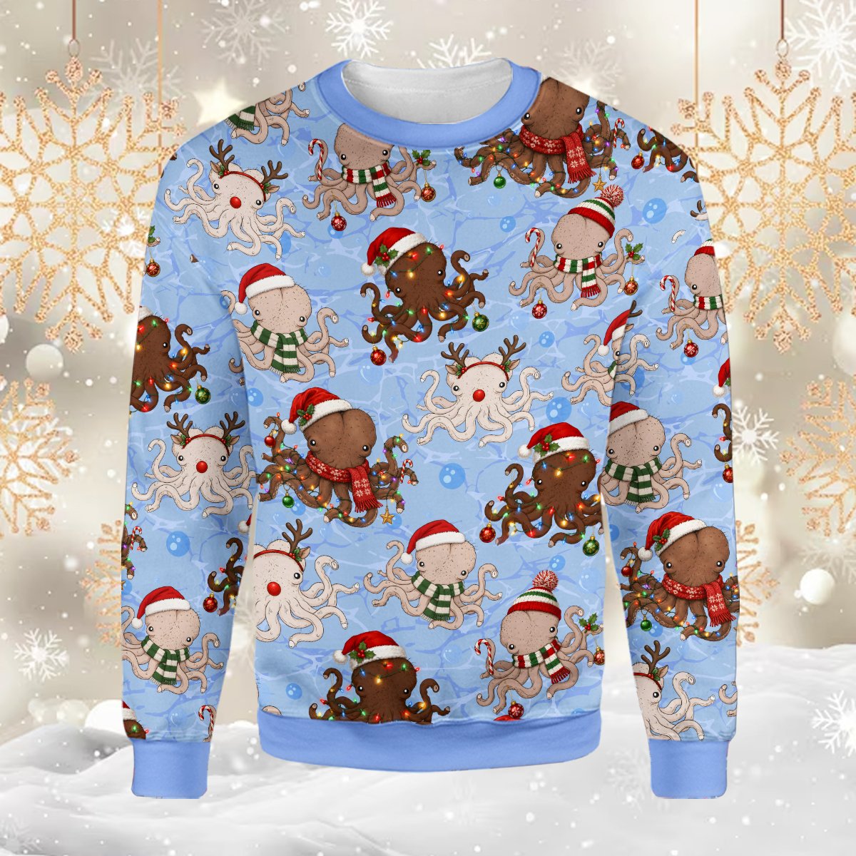 Front view of the light blue octopus ugly christmas sweater