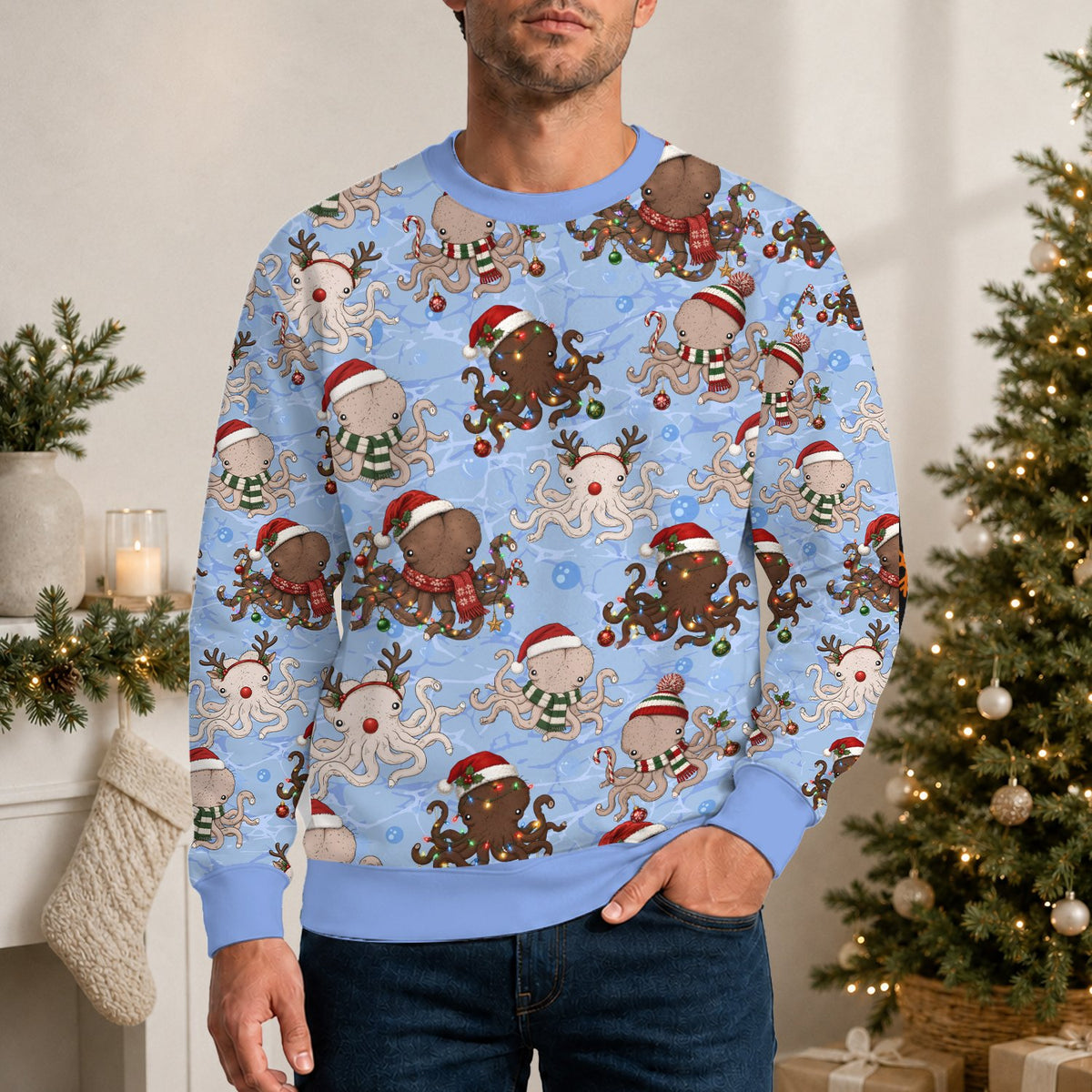 Second lifestyle view showcasing the festive octopus sweater