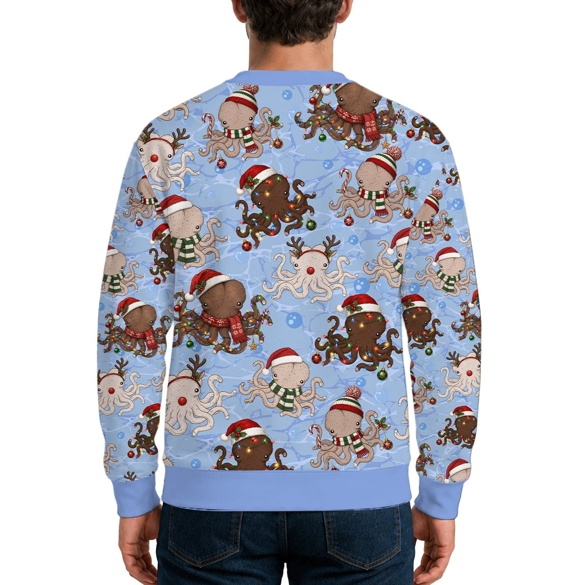 Third lifestyle view of the light blue holiday ugly sweater
