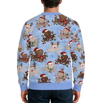 Third lifestyle view of the light blue holiday ugly sweater