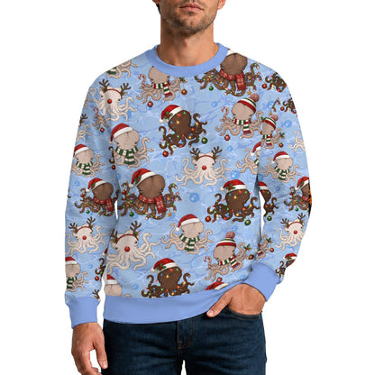 Lifestyle view of someone wearing the octopus Christmas ugly sweater