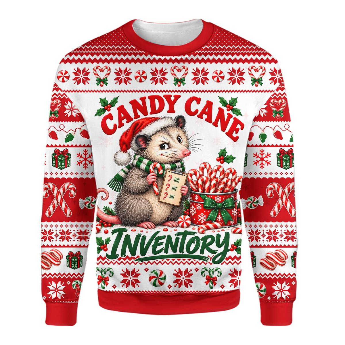 Opossum christmas candy cane ugly sweater alternate front view