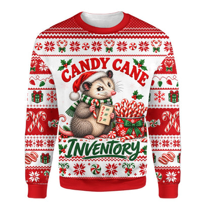 Opossum christmas candy cane ugly sweater alternate front view