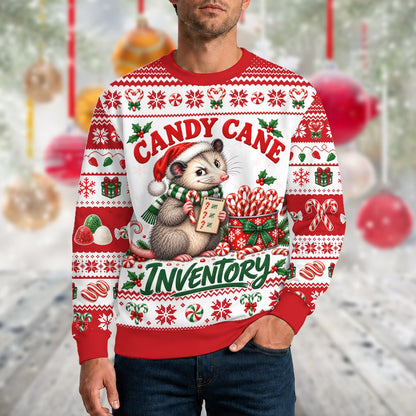 Opossum christmas candy cane ugly sweater close up front view