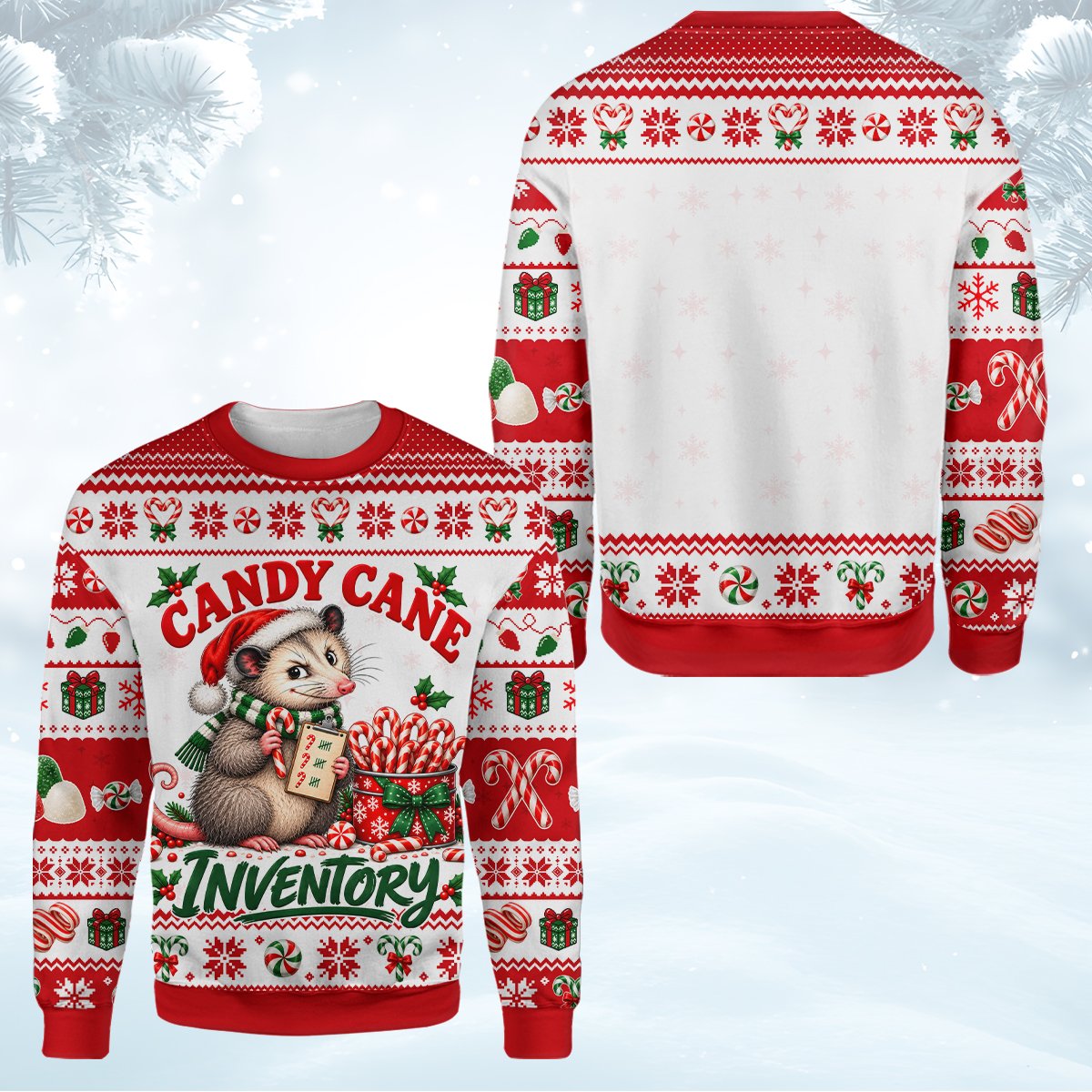 Opossum christmas candy cane ugly sweater main view