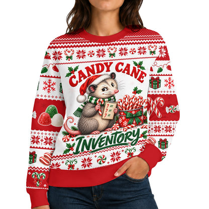 Another lifestyle view of the opossum christmas candy cane ugly sweater