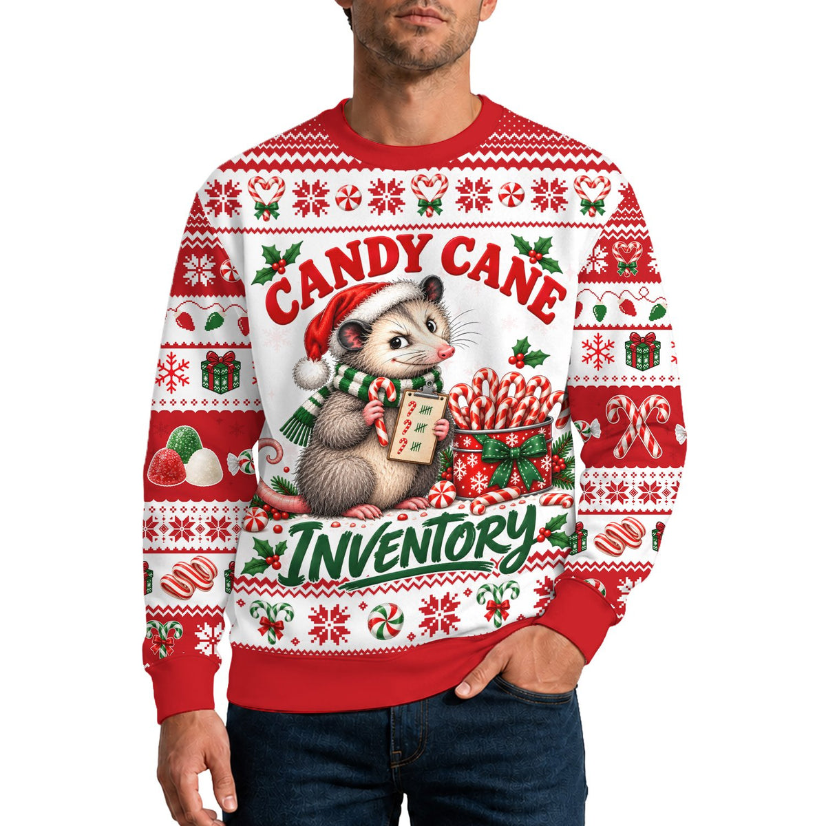 Person wearing the opossum christmas candy cane ugly sweater lifestyle view