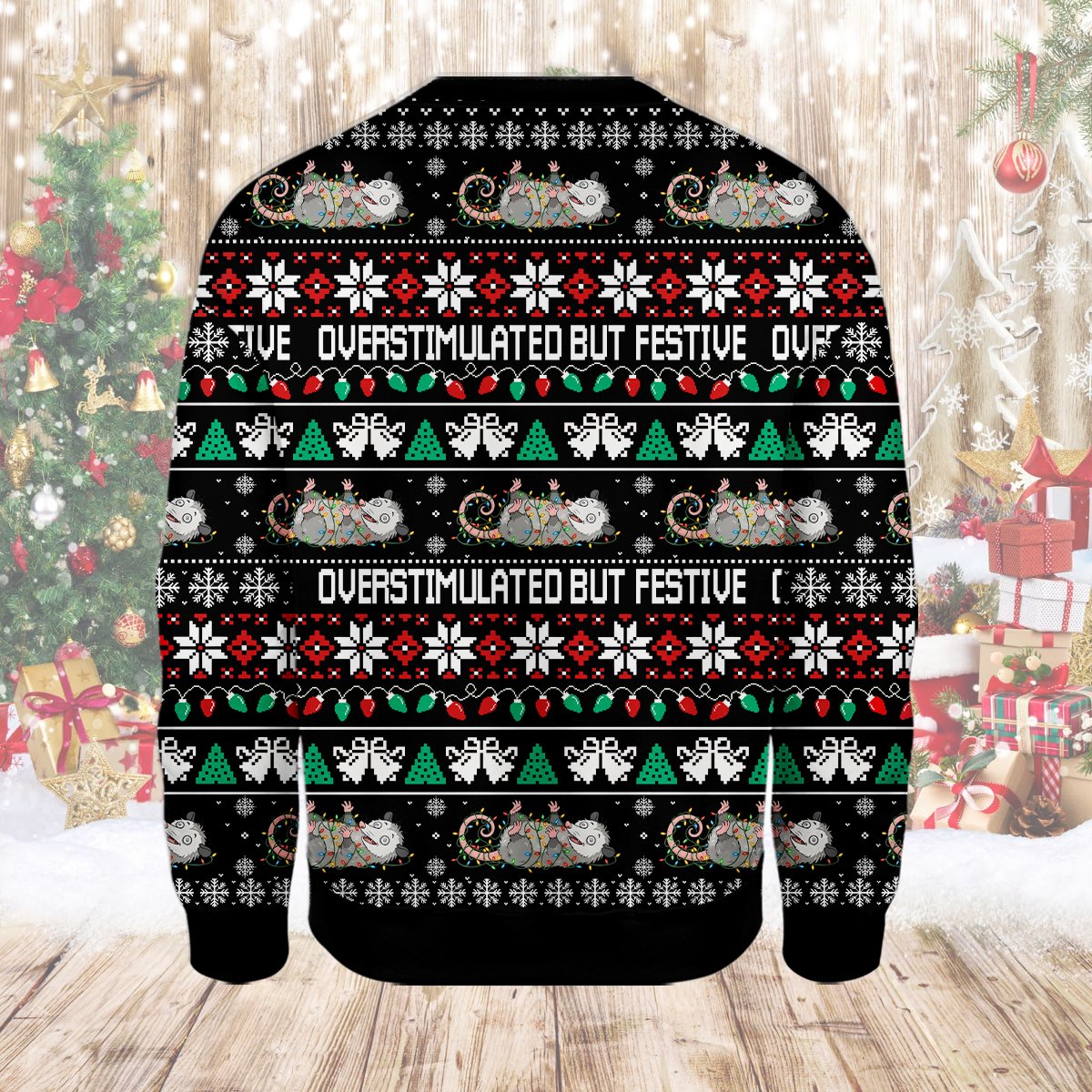 Back view of the opossum funny christmas ugly sweater with matching holiday pattern