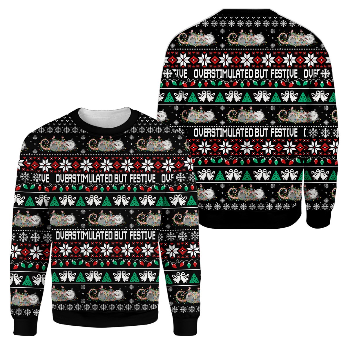 Detailed front view of the opossum ugly sweater showcasing the festive design