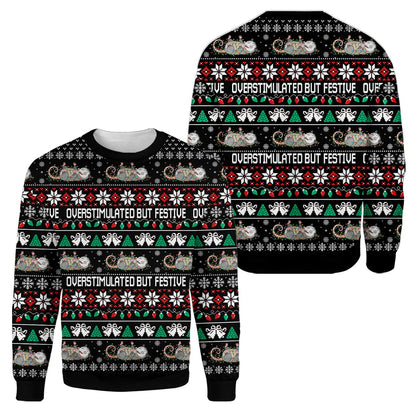 Detailed front view of the opossum ugly sweater showcasing the festive design