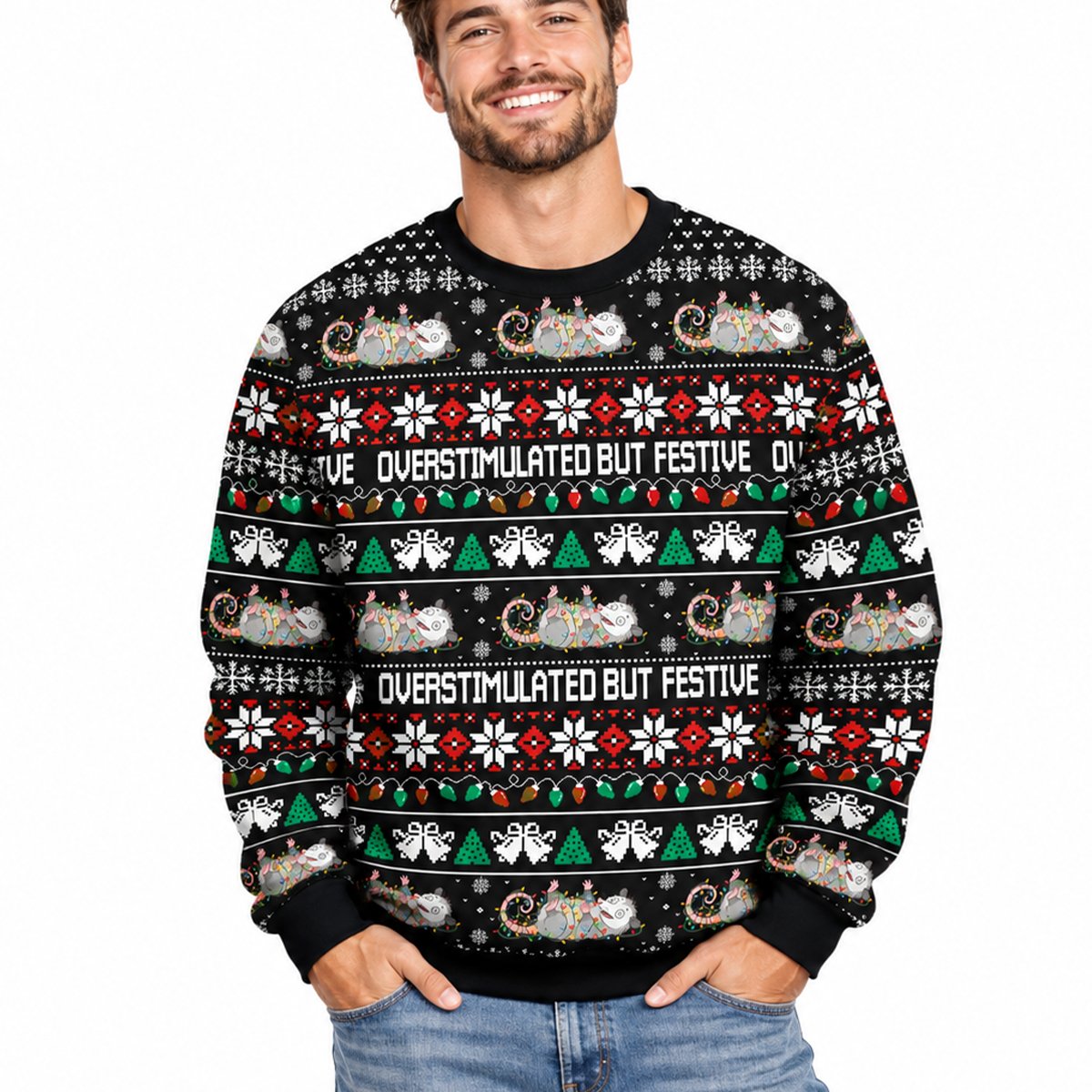 Close-up front angle of the black opossum ugly sweater with holiday motifs