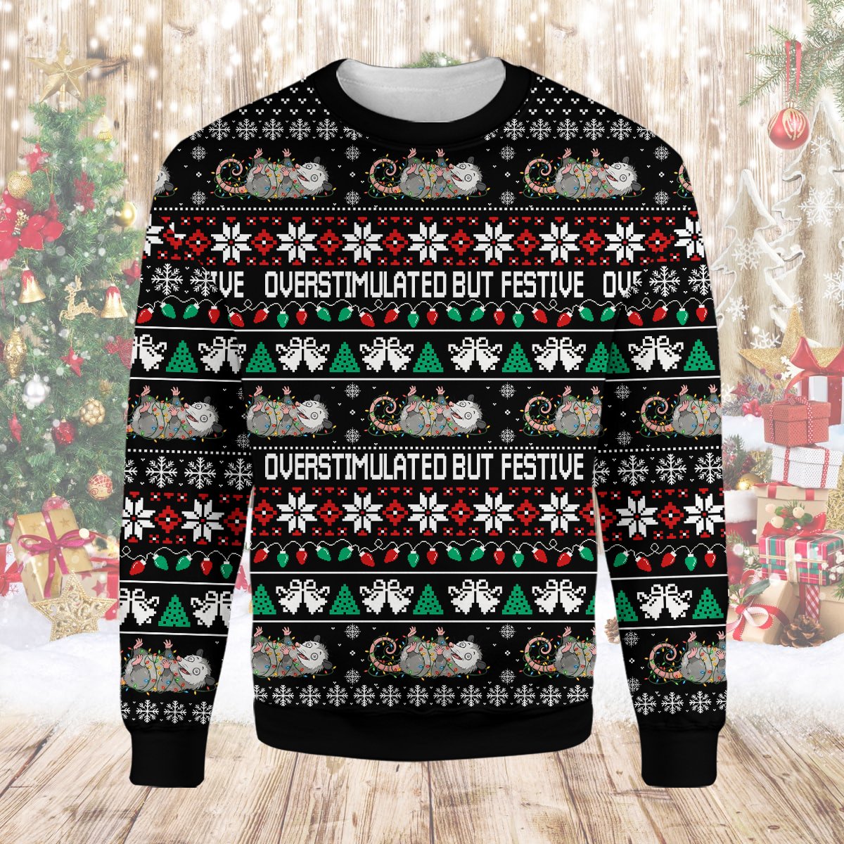 Alternate front view of the opossum funny christmas ugly sweater