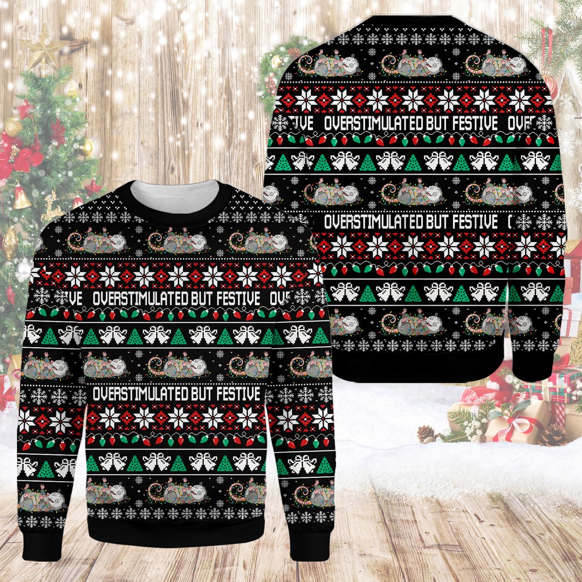 Opossum funny christmas ugly sweater featuring tangled string lights and overstimulated text, front view