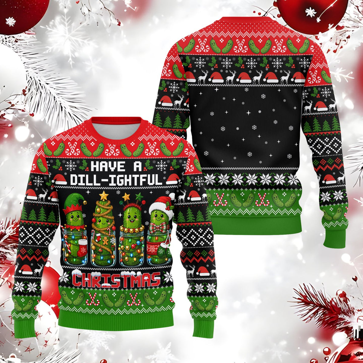Pickle ugly christmas sweater, close-up front view