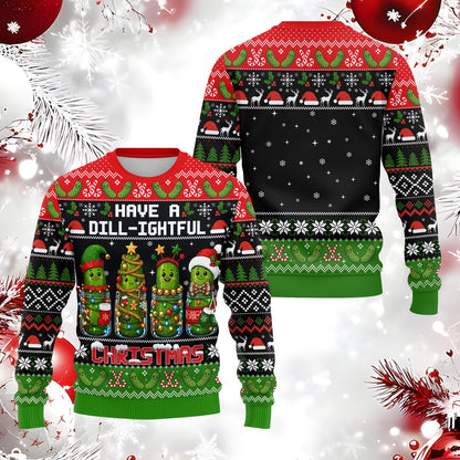 Pickle ugly christmas sweater, close-up front view