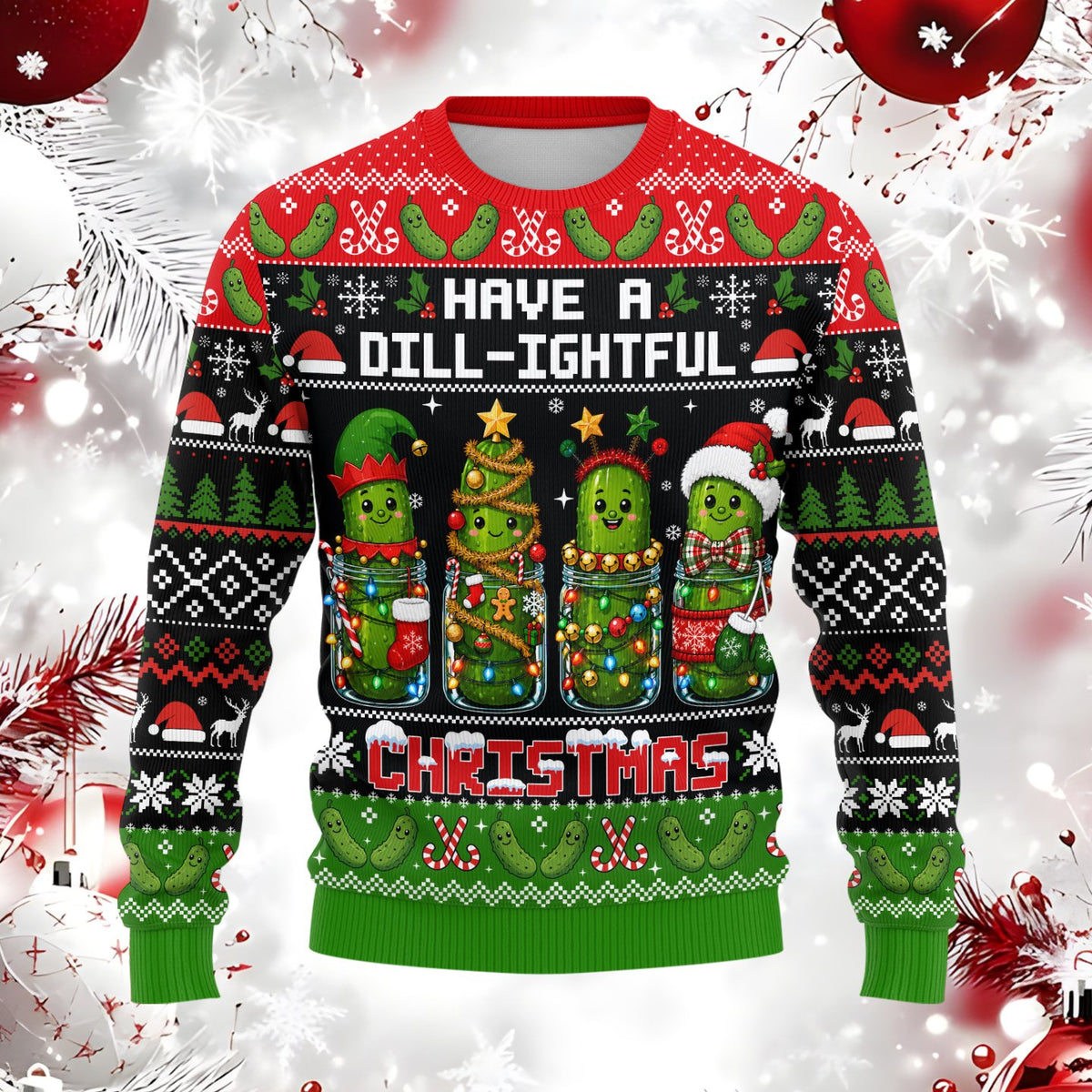 Pickle ugly christmas sweater with Have A Dill-ightful Christmas design, main view