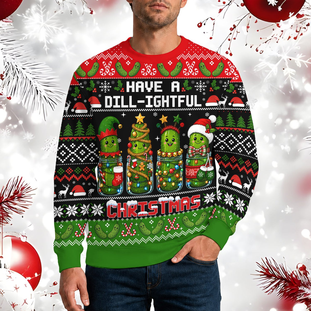 Person wearing the pickle ugly christmas sweater indoors, lifestyle view