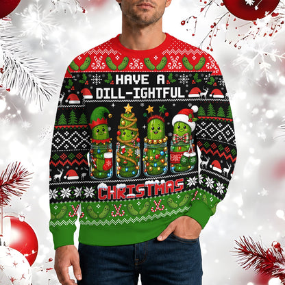 Person wearing the pickle ugly christmas sweater indoors, lifestyle view