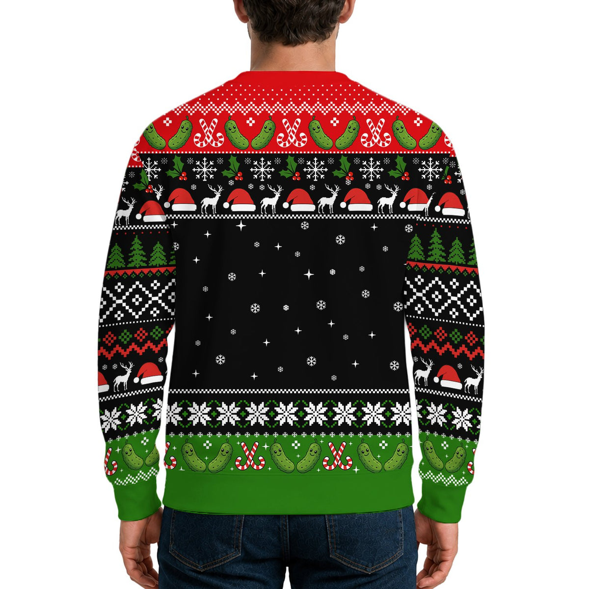 Close-up lifestyle view of the pickle ugly christmas sweater