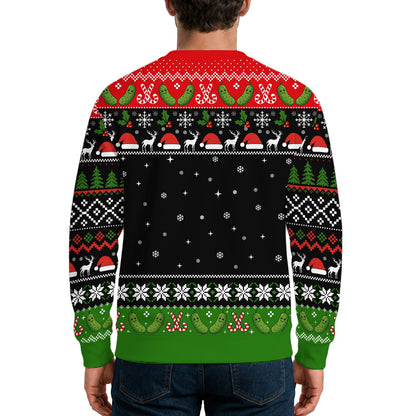Close-up lifestyle view of the pickle ugly christmas sweater