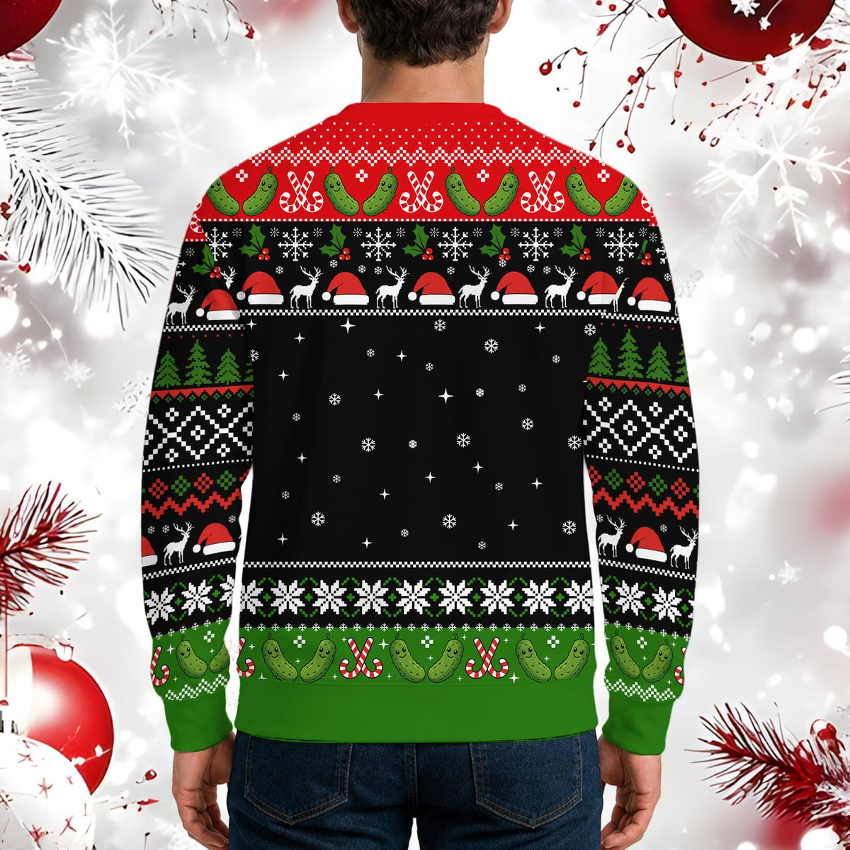 Another lifestyle view of the pickle ugly christmas sweater