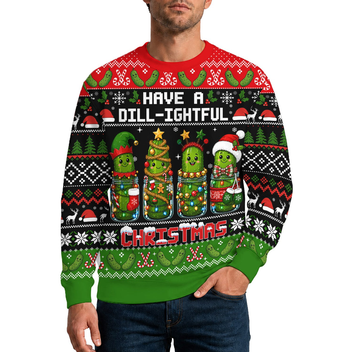 Person wearing the pickle ugly christmas sweater outdoors, lifestyle view