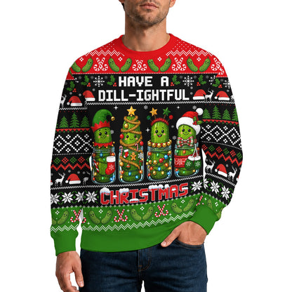 Person wearing the pickle ugly christmas sweater outdoors, lifestyle view
