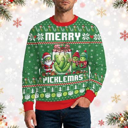 Close-up front view of the Merry Picklemas ugly sweater pattern