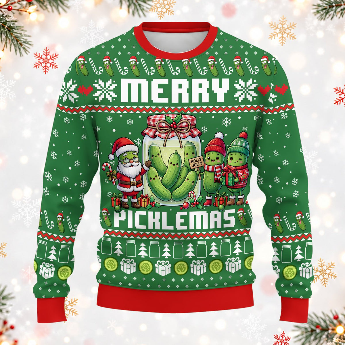 Green pickles ugly sweater with Merry Picklemas design, front view