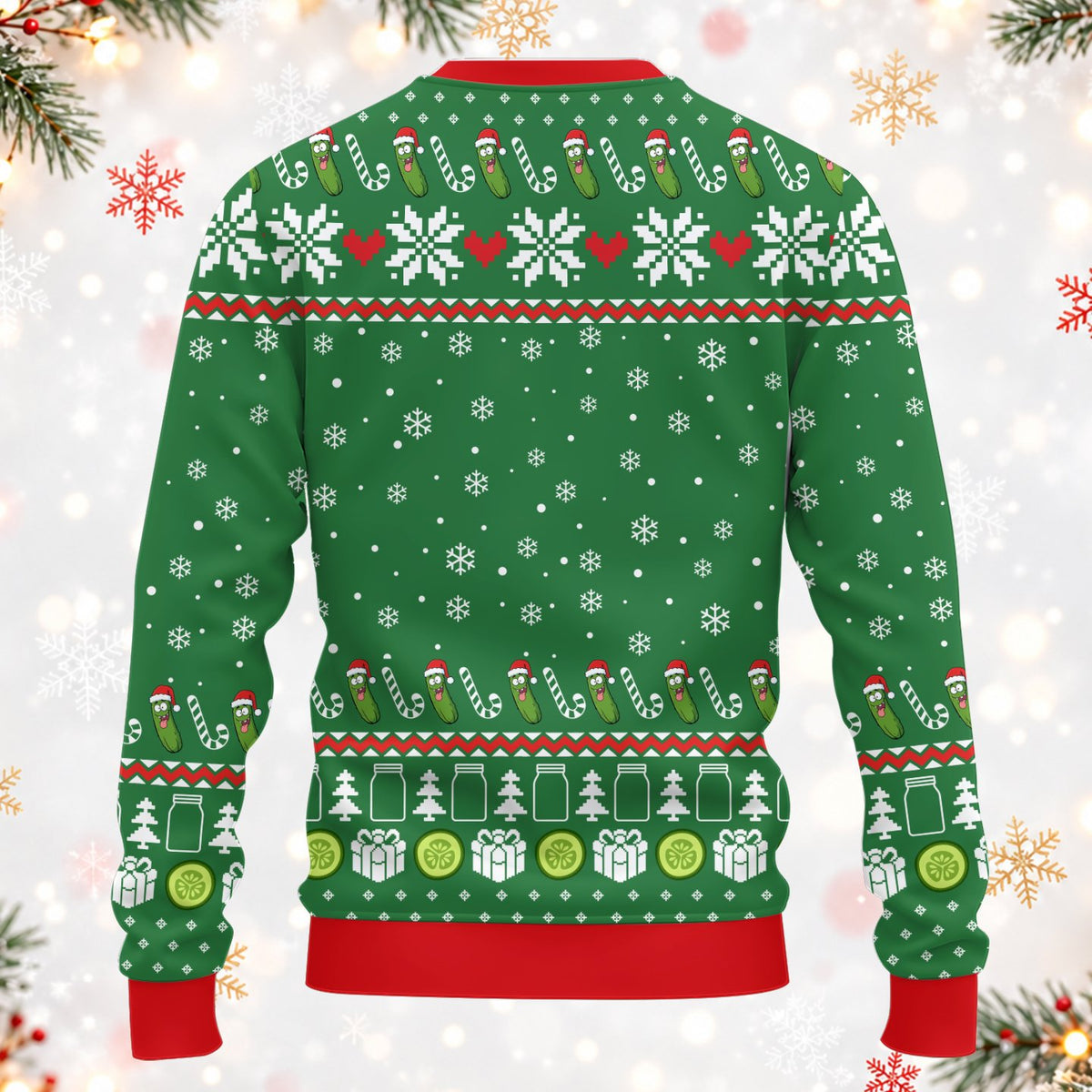 Alternate back view of the pickles ugly sweater showing the holiday pattern