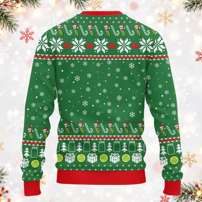 Alternate back view of the pickles ugly sweater showing the holiday pattern