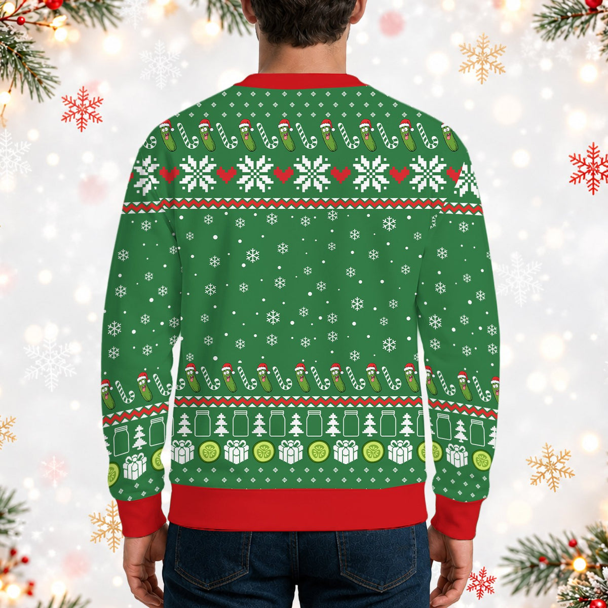 Third back view of the holiday ugly sweater highlighting the snowflakes and green base