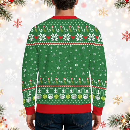 Third back view of the holiday ugly sweater highlighting the snowflakes and green base