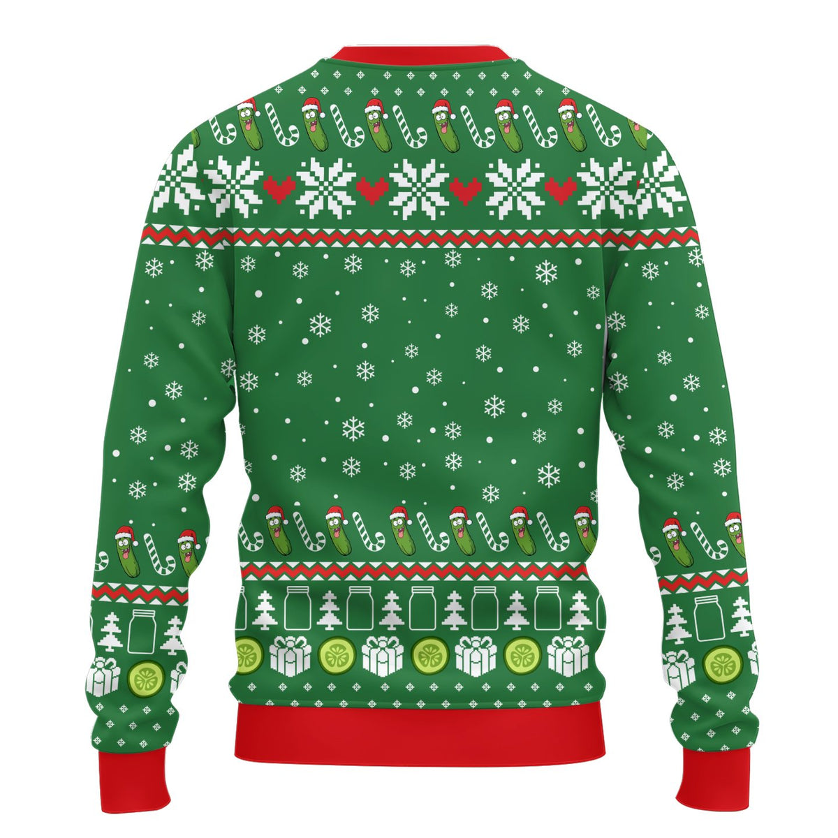 Fourth back view of the green pickles ugly sweater