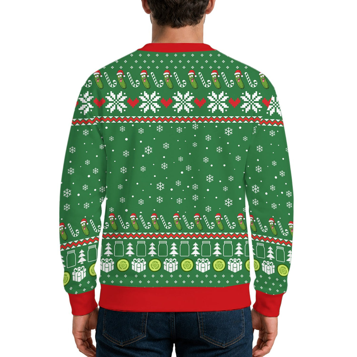 Back view of the green pickles ugly sweater