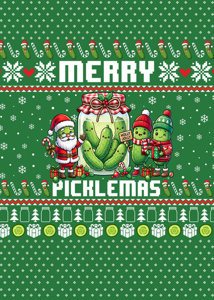 Alternate front view of the green pickles ugly sweater featuring festive pickle characters