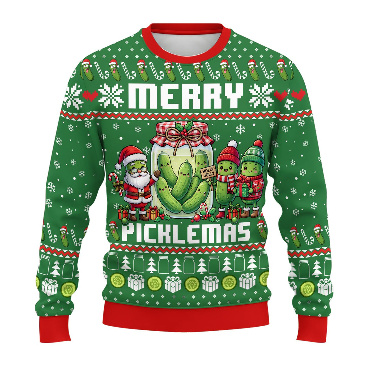 Lifestyle image of an adult wearing the green pickles ugly sweater
