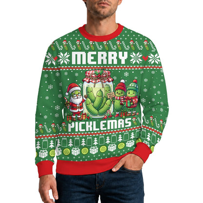 Additional view showing the fabric detail of the Merry Picklemas ugly sweater