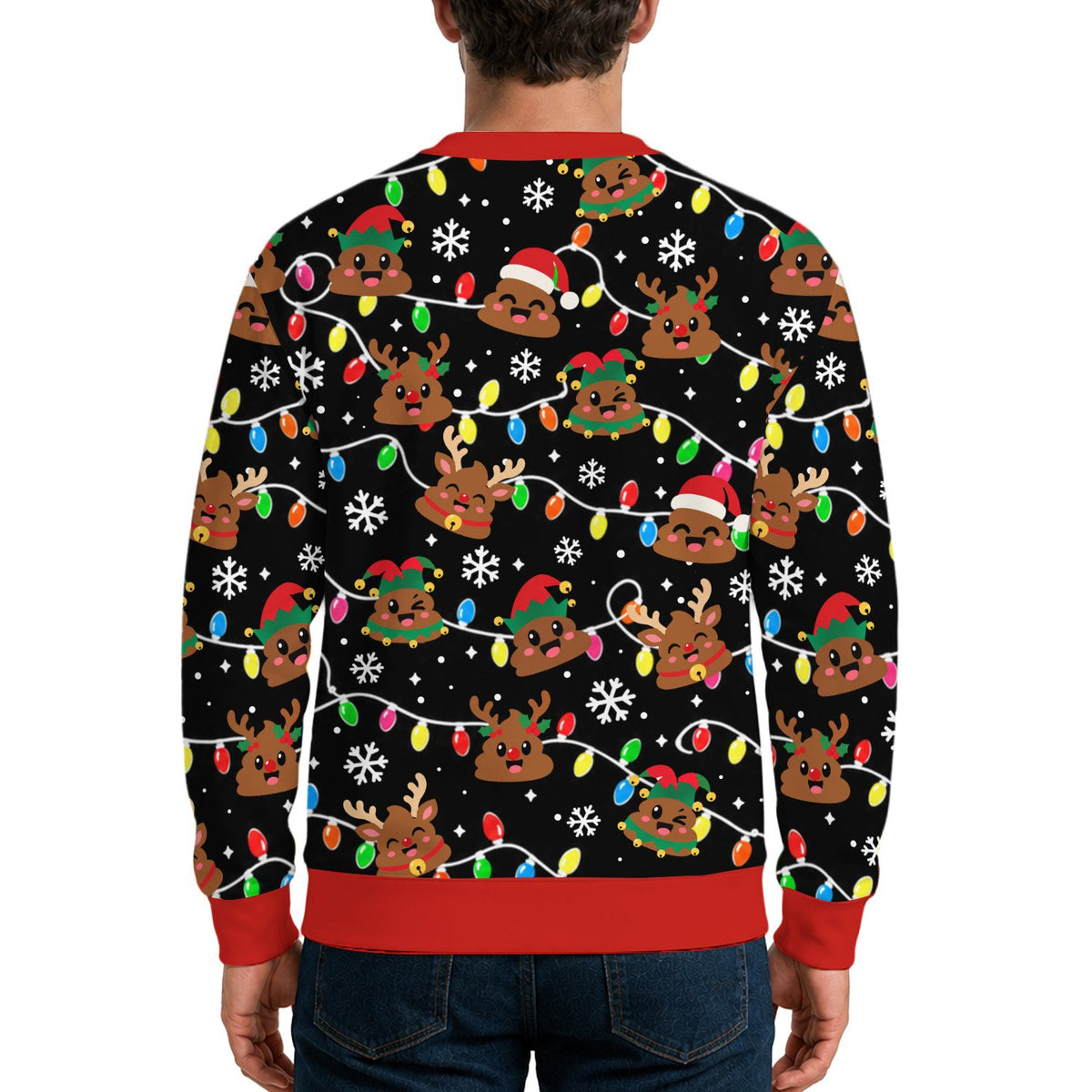 Poop emoji ugly christmas sweater, back view detail