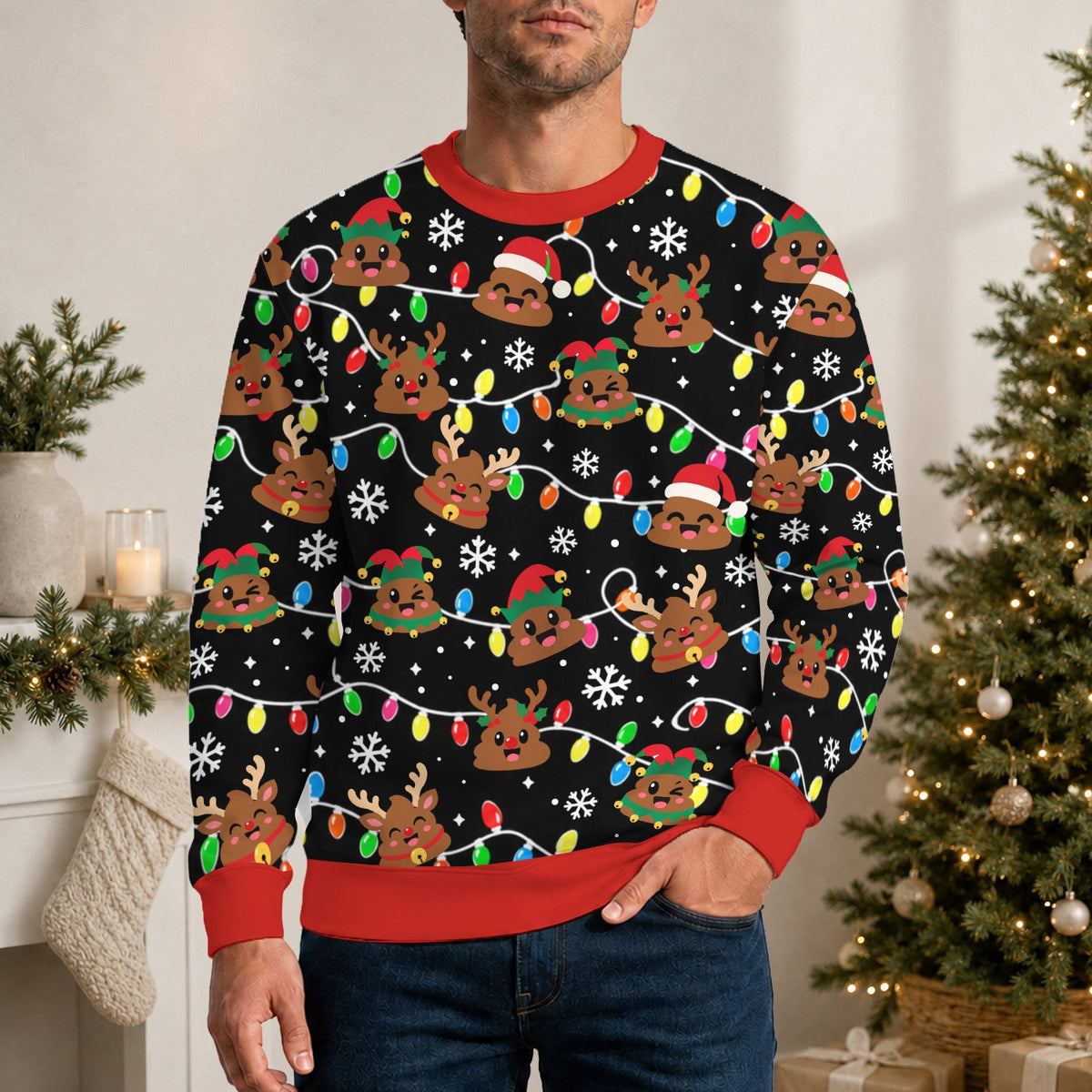 Poop emoji ugly christmas sweater, back view