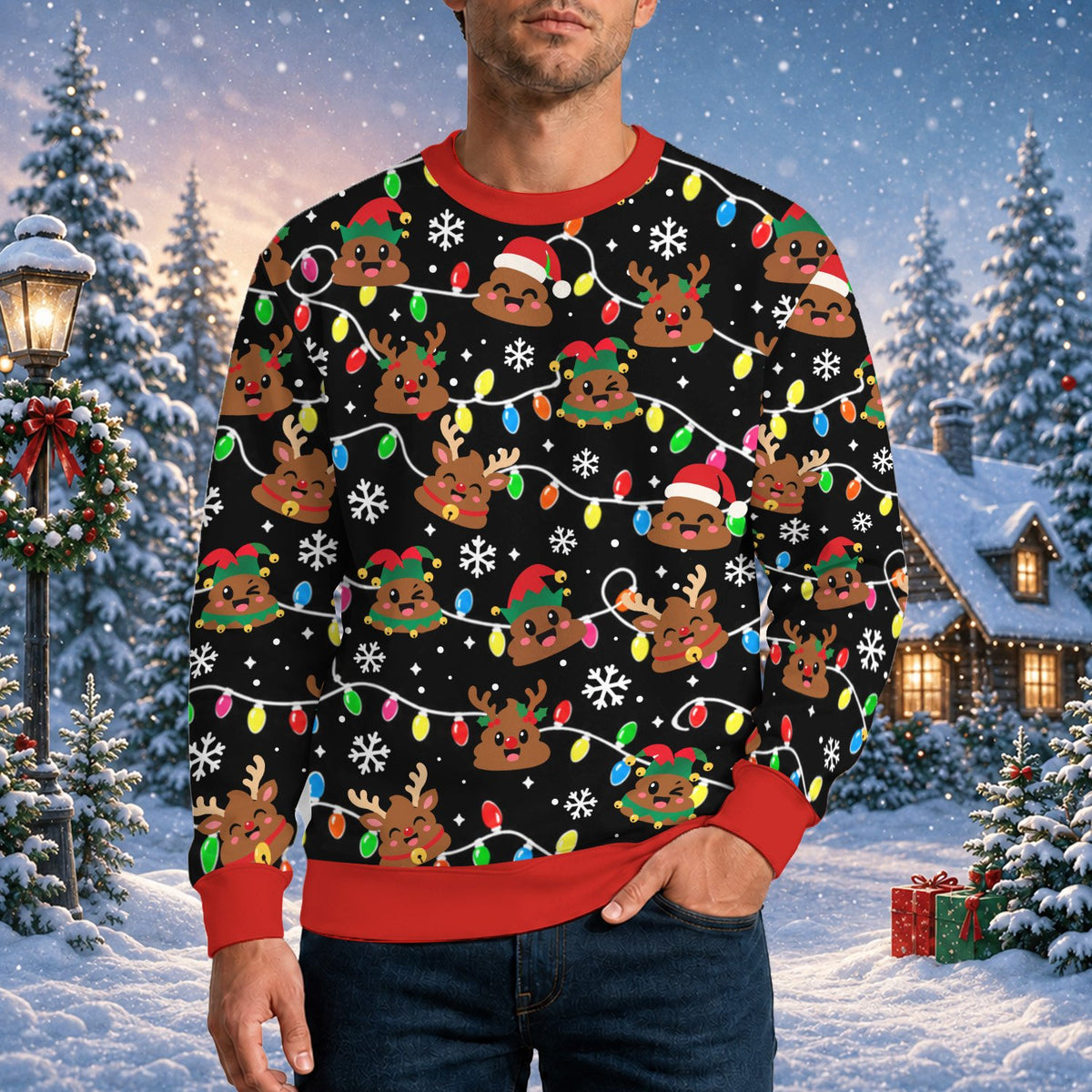 Poop emoji ugly christmas sweater, front view detail