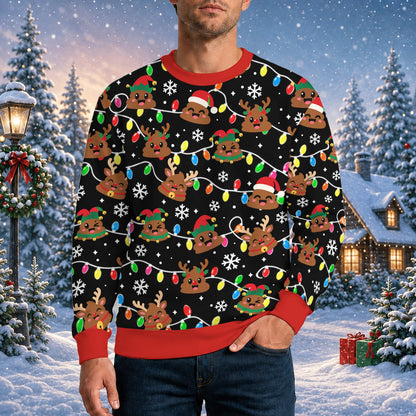 Poop emoji ugly christmas sweater, front view detail