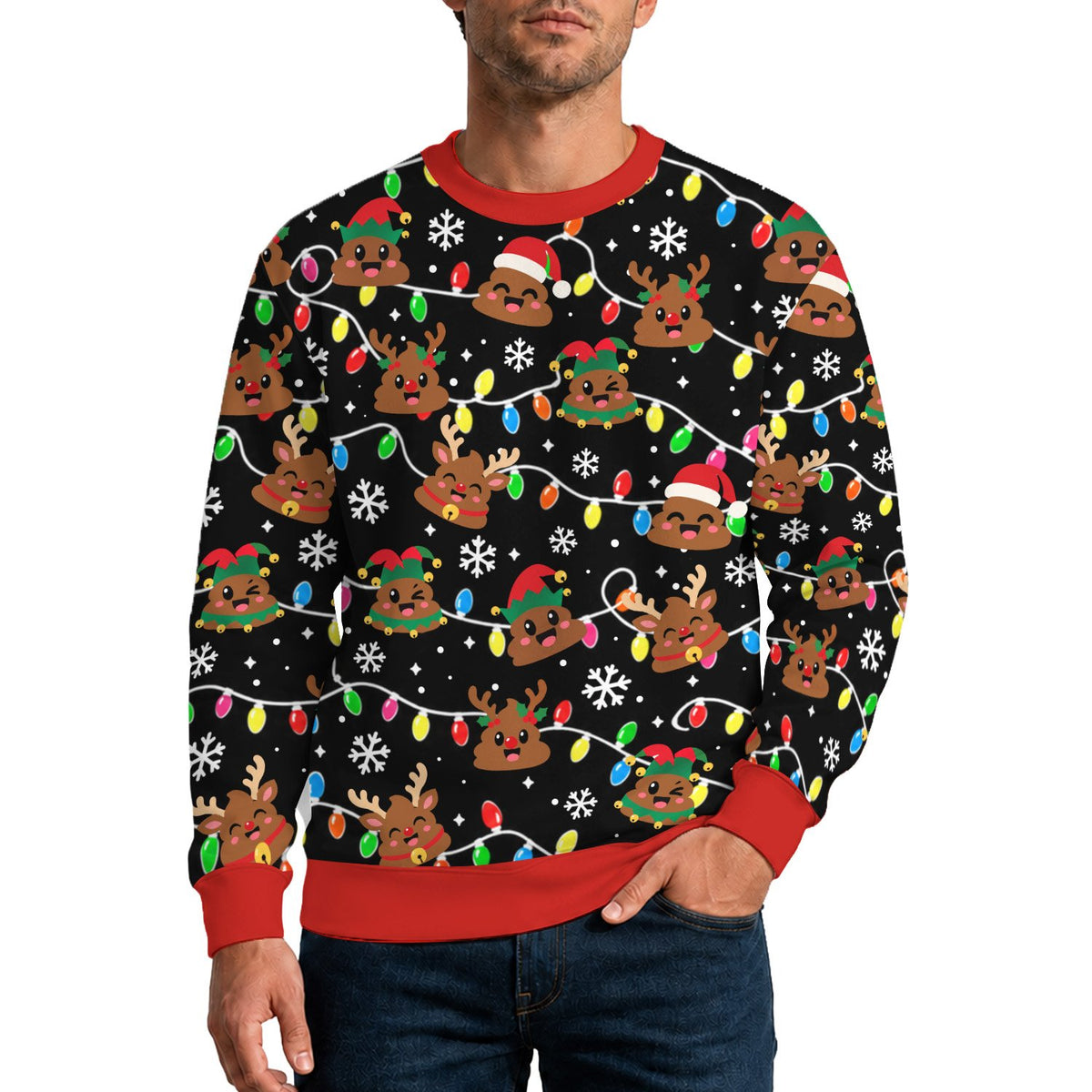 Poop emoji ugly christmas sweater, front view