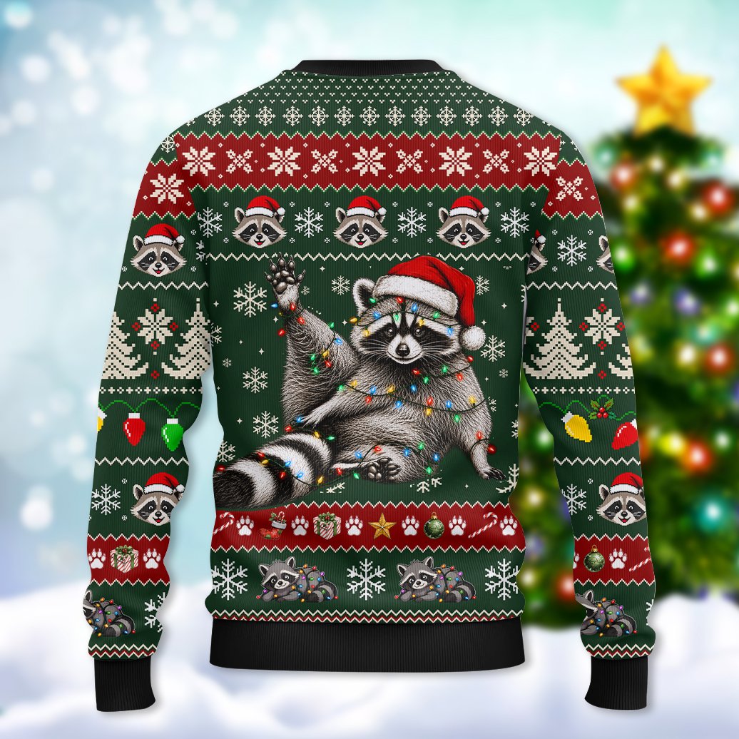 Additional back view of the green raccoon ugly sweater