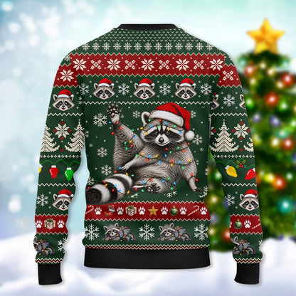Additional back view of the green raccoon ugly sweater