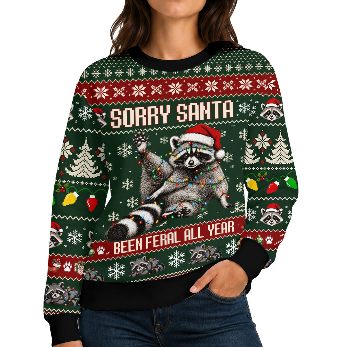 Front view of the green raccoon ugly christmas sweater featuring the feral humor design