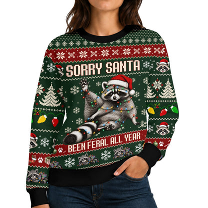 Front view of the green raccoon ugly christmas sweater featuring the feral humor design