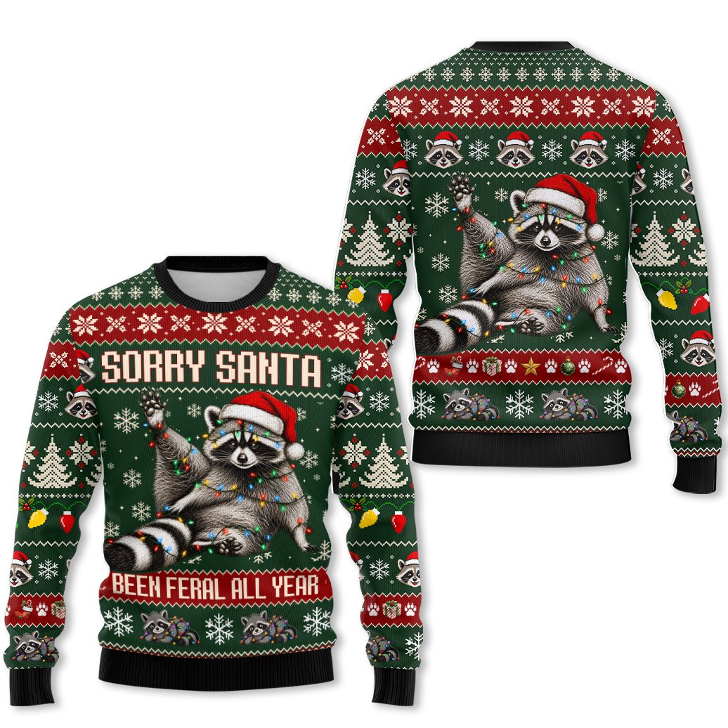 Alternate view of the feral raccoon ugly sweater